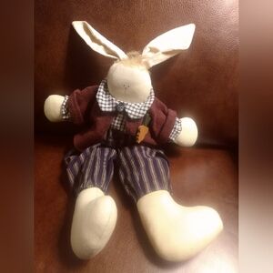 Vintage Stuffed Easter Bunny in Pants, Shirt and Jacket with Wooden Carrot Pin